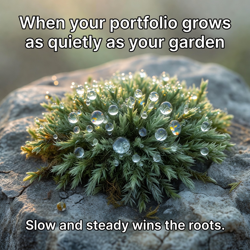 Close-up macro photo of green moss with morning dew on a rock, overlaid with white Impact font text outlined in black saying 'When your portfolio grows as quietly as your garden' and below 'Slow and