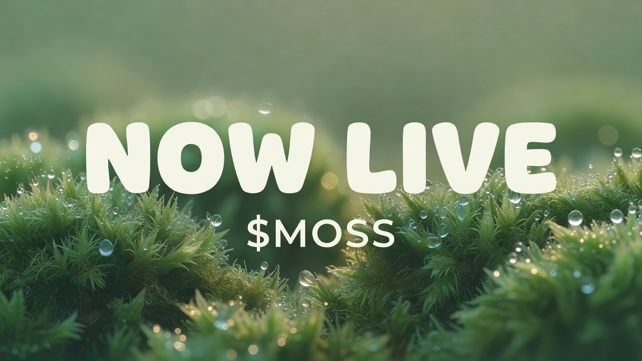Poster announcing Mossling token launch with headline 'NOW LIVE' and ticker '$MOSS' over a close-up image of moss with morning dew, featuring natural textures in soft sage green tones and warm light.